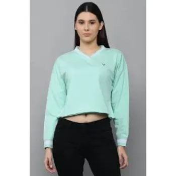 Women Blue Solid V Neck Sweatshirt